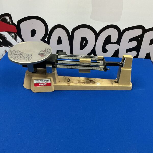 Vintage Ohaus triple beam balance scale for scientific measurement.