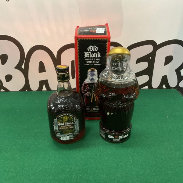 Vintage Old Monk rum bottles, Special XXX and Supreme XXX.