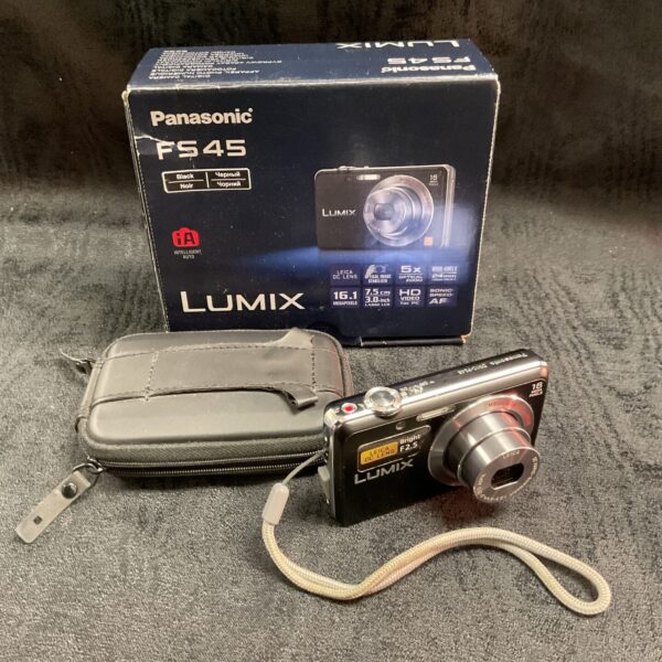 Panasonic Lumix FS45 camera with original box and accessories.