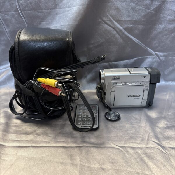 Vintage Panasonic NV-DS55 digital camcorder with carrying case.