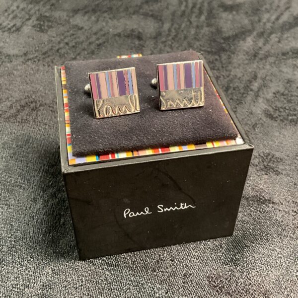 Signed Paul Smith cufflinks with colourful multi-stripe design in presentation box.