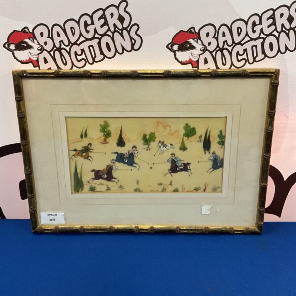 Antique Persian oil painting depicting a historical battle scene.