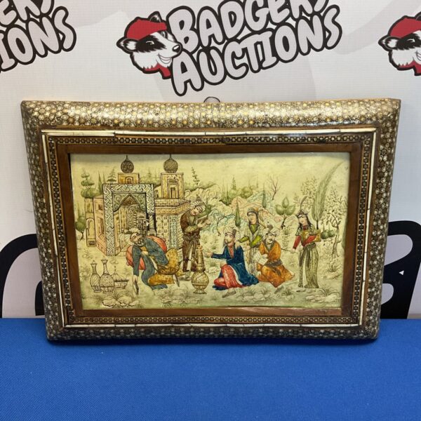 Antique Persian oil painting with ornate marquetry frame.