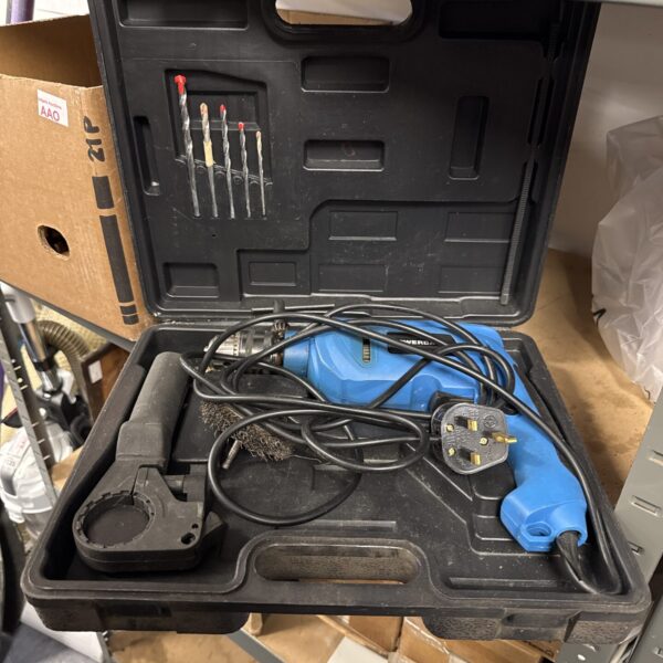 Vintage Powerbase drill set in carrying case with drill bits.