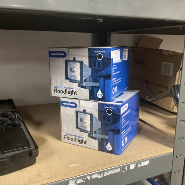 Pair of new Powermaster 120W halogen floodlights in original packaging.