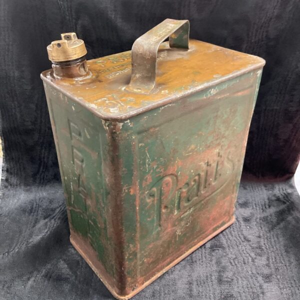 Vintage Pratts petrol can with brass cap, front view.