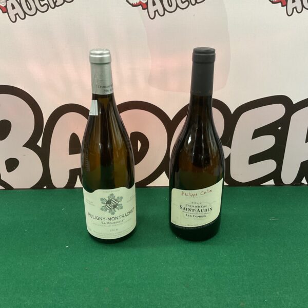 Fine French wine lot featuring Puligny-Montrachet and Saint-Aubin bottles.