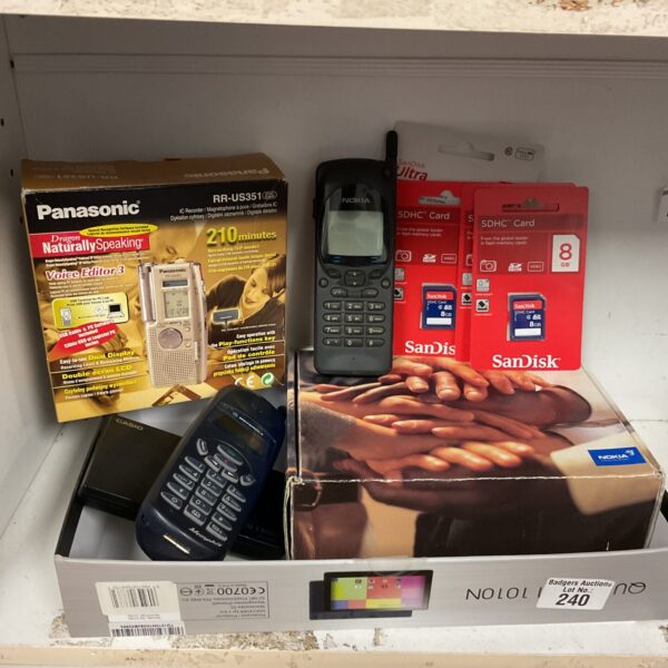 Vintage mobile phones, Panasonic dictaphone, and new SD cards in a lot.