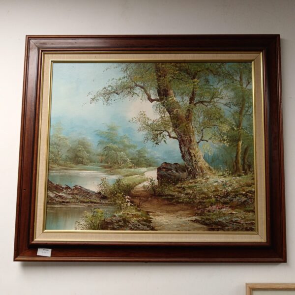 Vintage oil painting of a serene river woodland landscape.