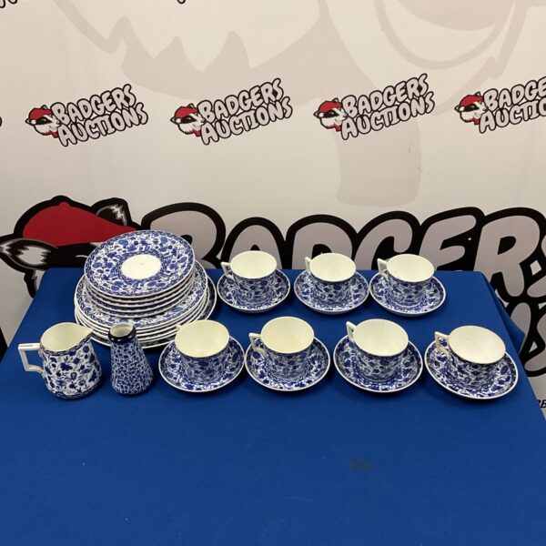 Vintage Royal Crown Derby tea set with blue and white Wilmot pattern plates.