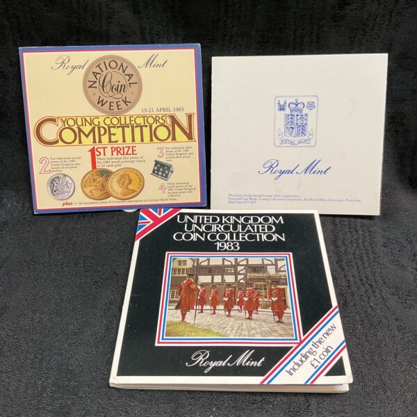 Royal Mint 1983 coin collection promotional leaflets and packaging.