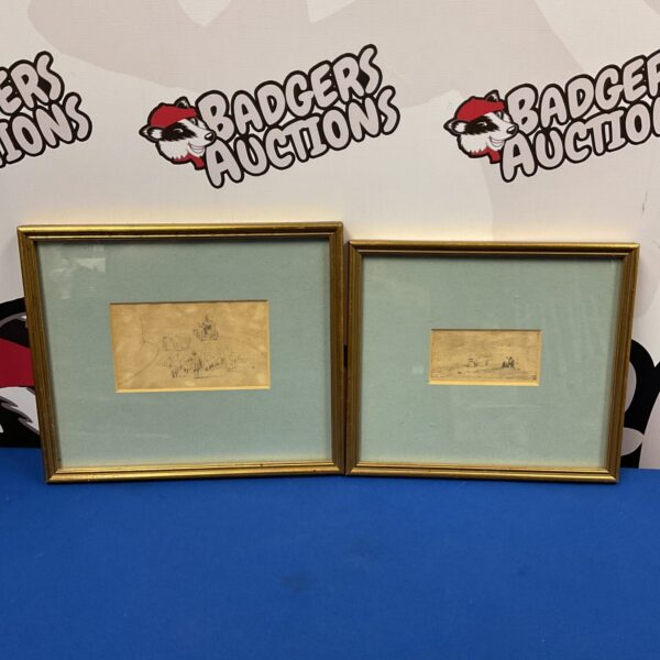 Antique pair of rural landscape pencil sketches, early 20th century.