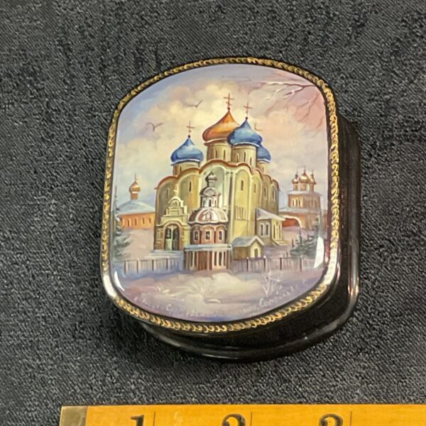 Vintage Russian lacquer box with church scene.