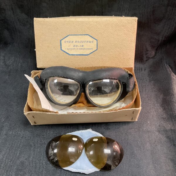 Vintage Russian PO-1 military goggles with spare lenses in box.