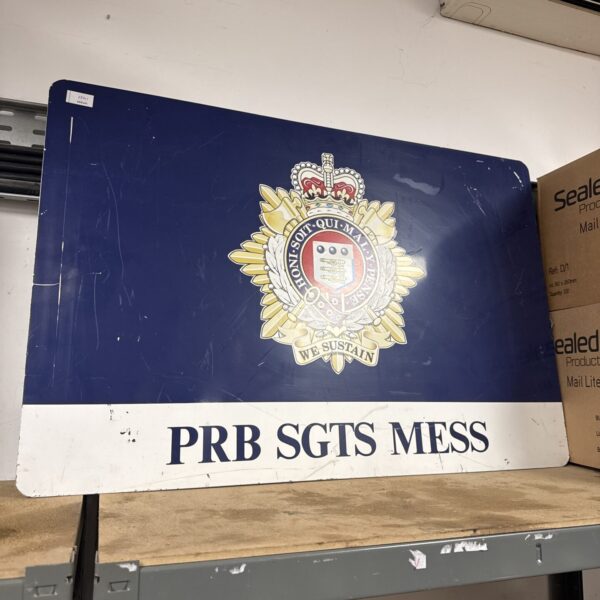 Vintage Sergeants Mess sign with detailed heraldic crest.