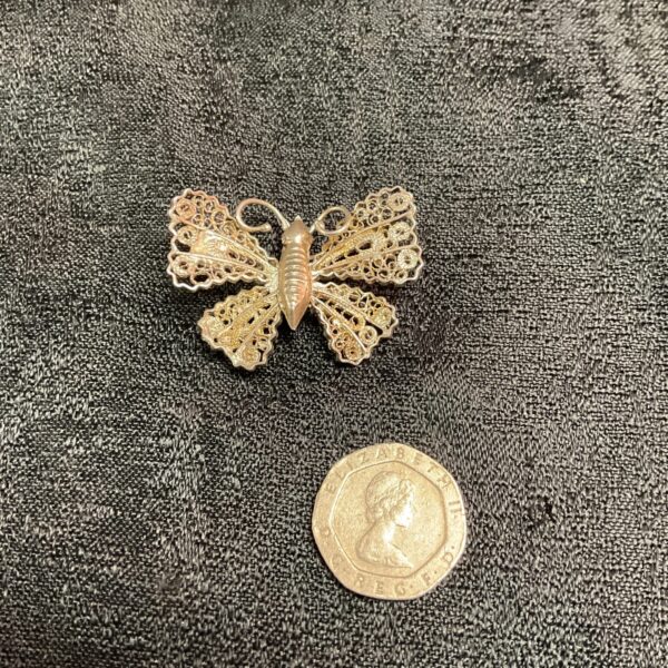 Vintage silver filigree butterfly brooch, delicate insect jewellery.