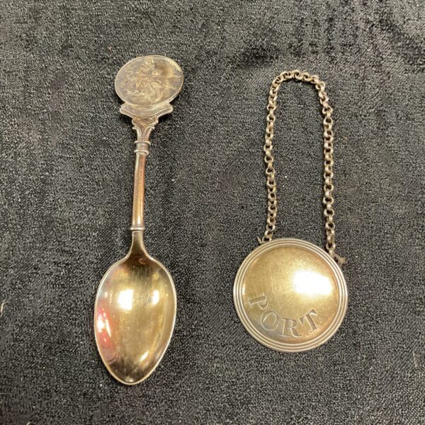 Vintage silver Pathfinders MCC spoon and port label set.