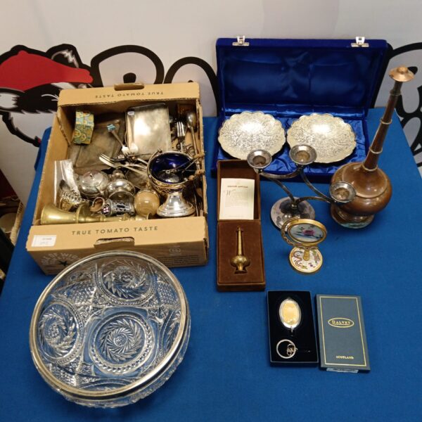 Assorted silver plate and metalware lot with a decorative tray.