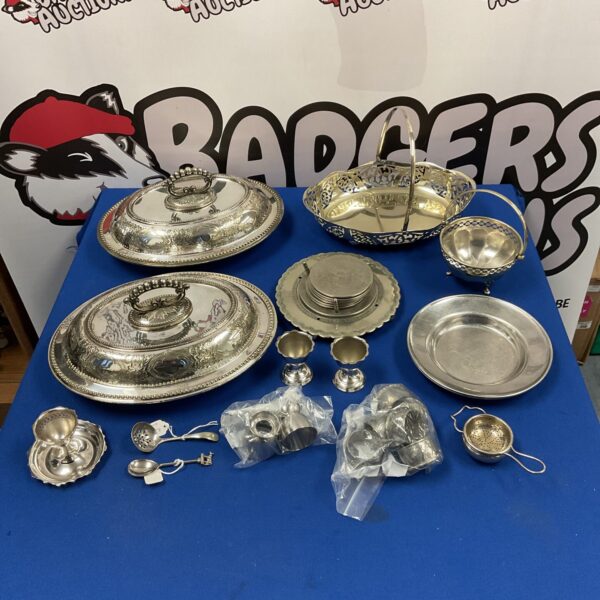 Vintage silver plate tableware lot with tureen and egg cups.