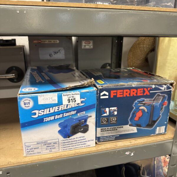 Silverline belt sander and Ferrex sharpener in original packaging.