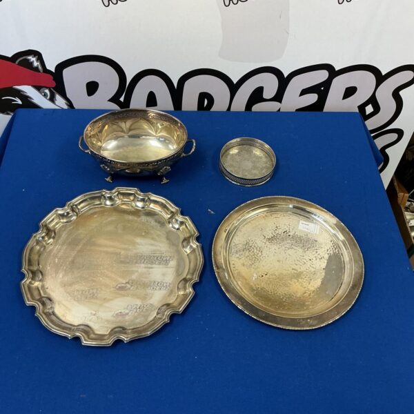 Antique silverplate tray with etched Barclaycard House design.