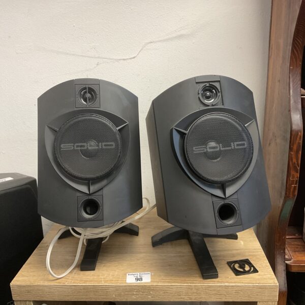 Pair of vintage black Solio speakers for home audio.