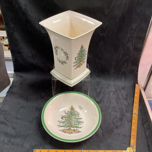 Spode Christmas Tree vase and bowl set, vintage holiday china.