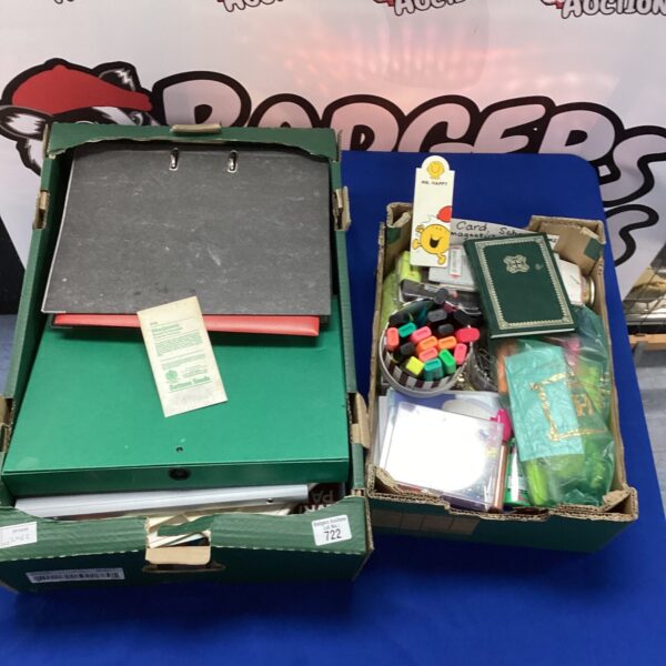 Mixed stationery lot with ring binders, notepad and highlighter pens.