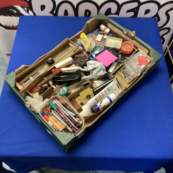 Mixed lot of stationery including pens, pencils and ruler.