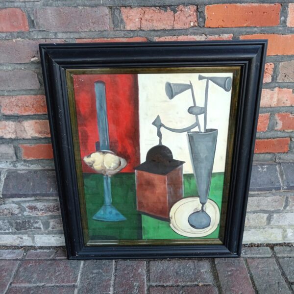 Modern still life oil painting of interior scene with pepper mill and lamp.