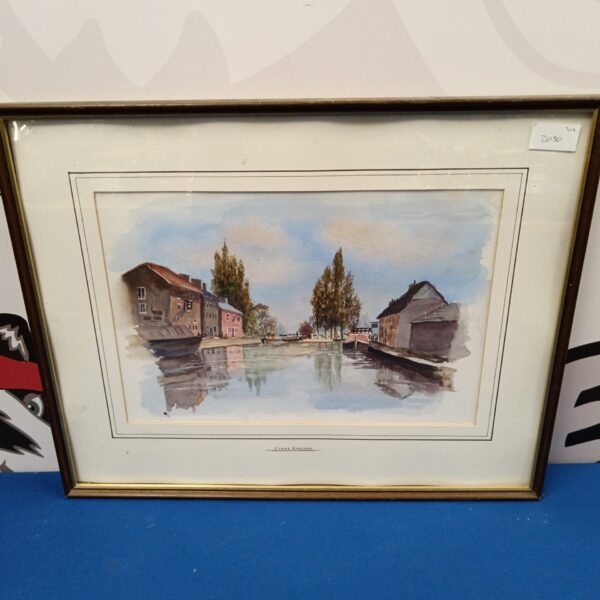 Vintage watercolour painting of Stoke Bruerne canal scene by W Drysdale.