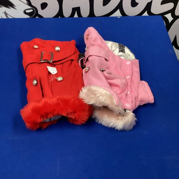Red Surfland dog coat with faux fur trim.