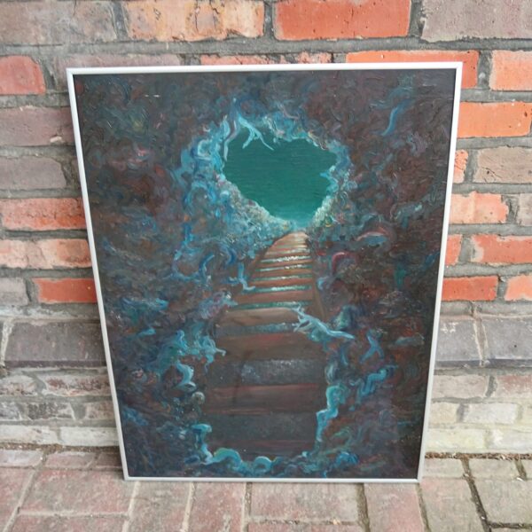 Surreal oil painting of an overgrown train track.