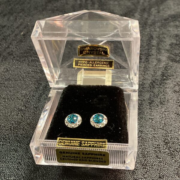Close-up of blue Swarovski sapphire crystal pierced earrings.