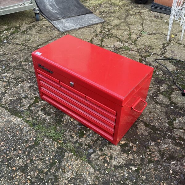 Red Taskmaster toolbox with three drawers, ideal for tool storage.