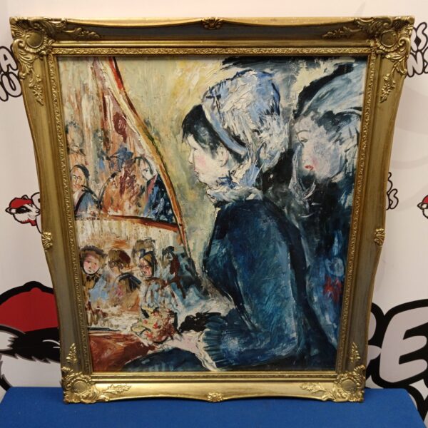Vintage impasto oil painting of a theatre audience scene.