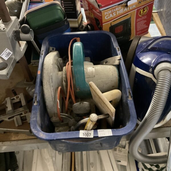 Tool and hardware lot with circular saw and workshop implements.