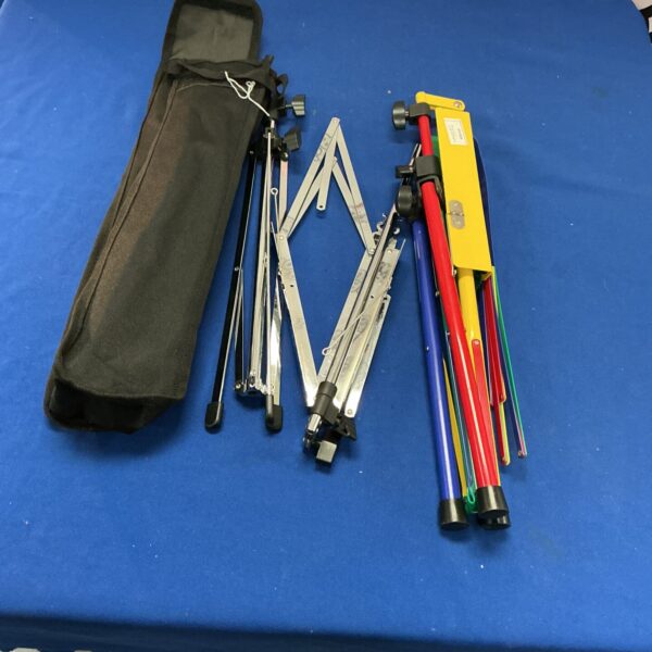 Two folding music stands with carrying bags, ideal for musicians.