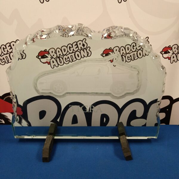 Large engraved glass panel featuring a Vauxhall Tigra car.