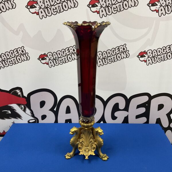 Antique Victorian epergne with ruby red glass and brass base.