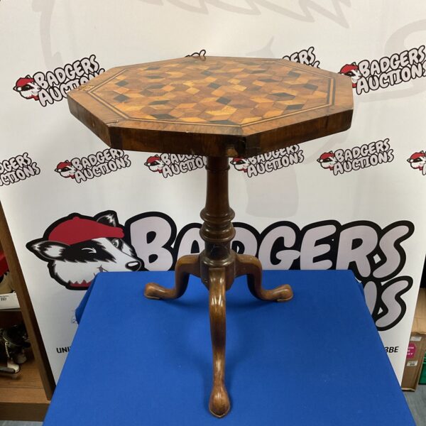 Antique Victorian marquetry wine table with tri leg design.