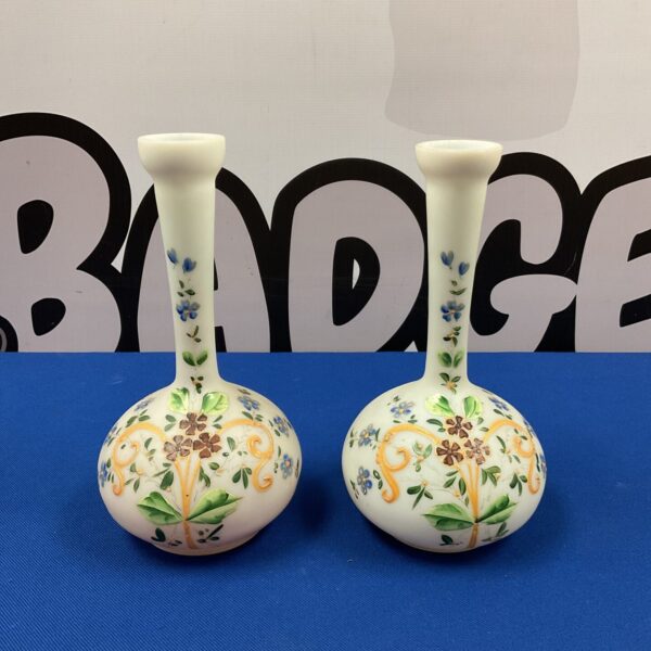 Antique Victorian milk glass vases with hand-painted floral design.