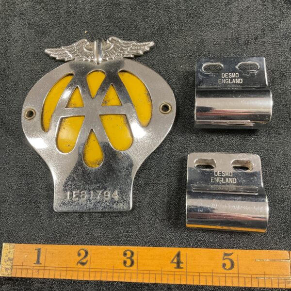 Vintage AA car badge with Desmo brackets for mounting.