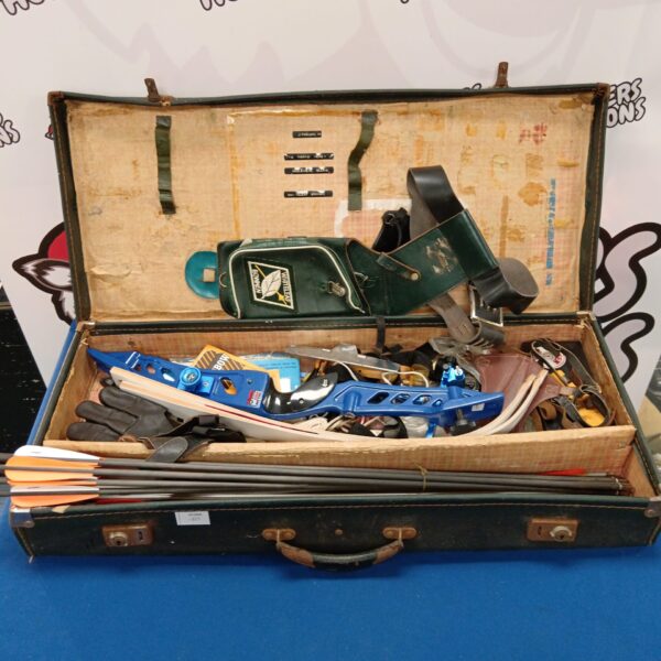 Vintage archery bow and arrow set in a fitted case.