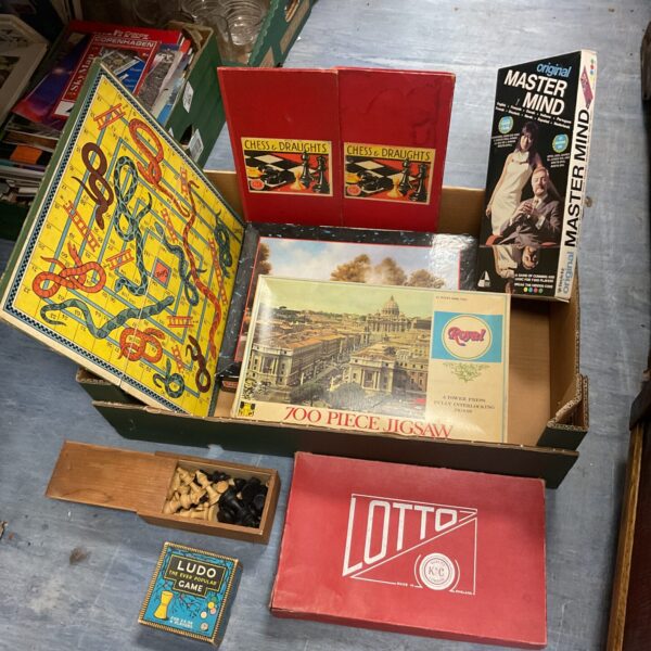 Vintage board games lot including chess and Mastermind.