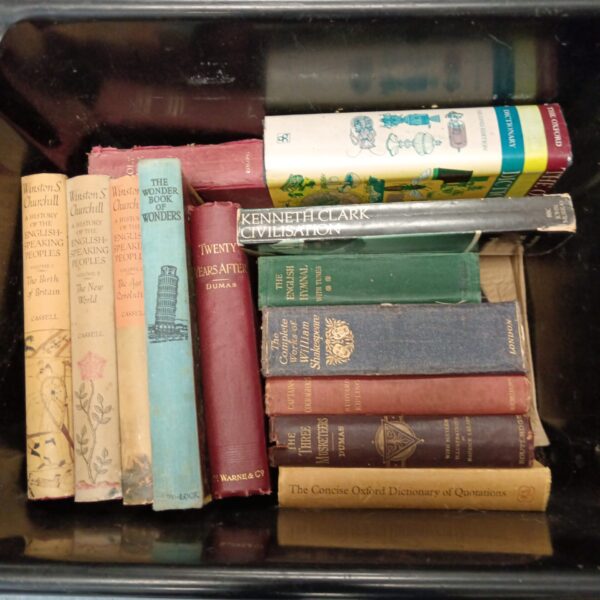 Vintage book collection featuring Winston Churchill books and classic literature.
