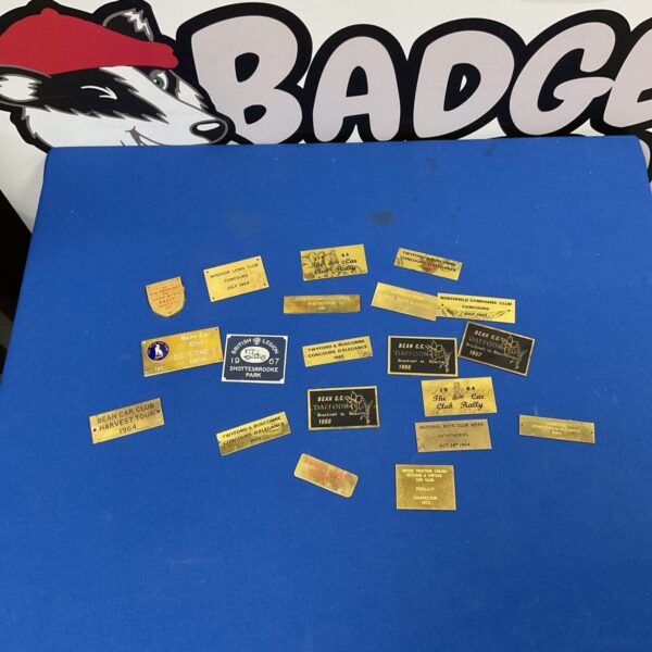 Vintage Bean Car Club rally plaques from the 1960s, automobilia collection.