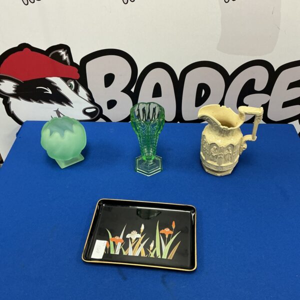 Vintage ceramic and glass collection including Otagiri tray and green vase.