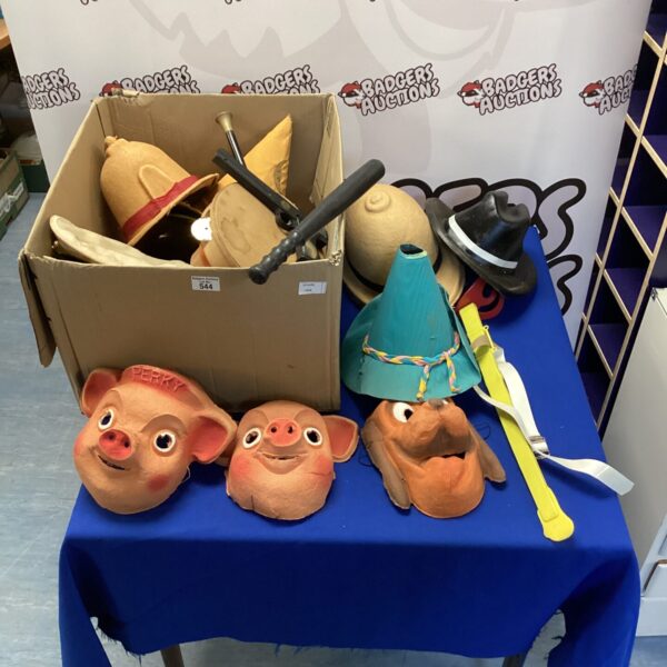 Vintage lot of childrens dress up hats and masks including Pluto and Perky.