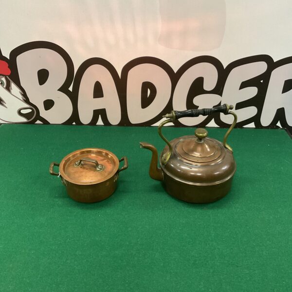 Vintage copper kettle and pot, miniature antique kitchenware.